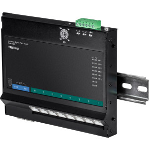 TRENDnet TI-PG102F 10-Port Gigabit Ethernet Front Access Switch, 8 Gigabit PoE+ and 2 Gigabit SFP ports, 20 Gbps switching capacity, DIN-rail/Magnet